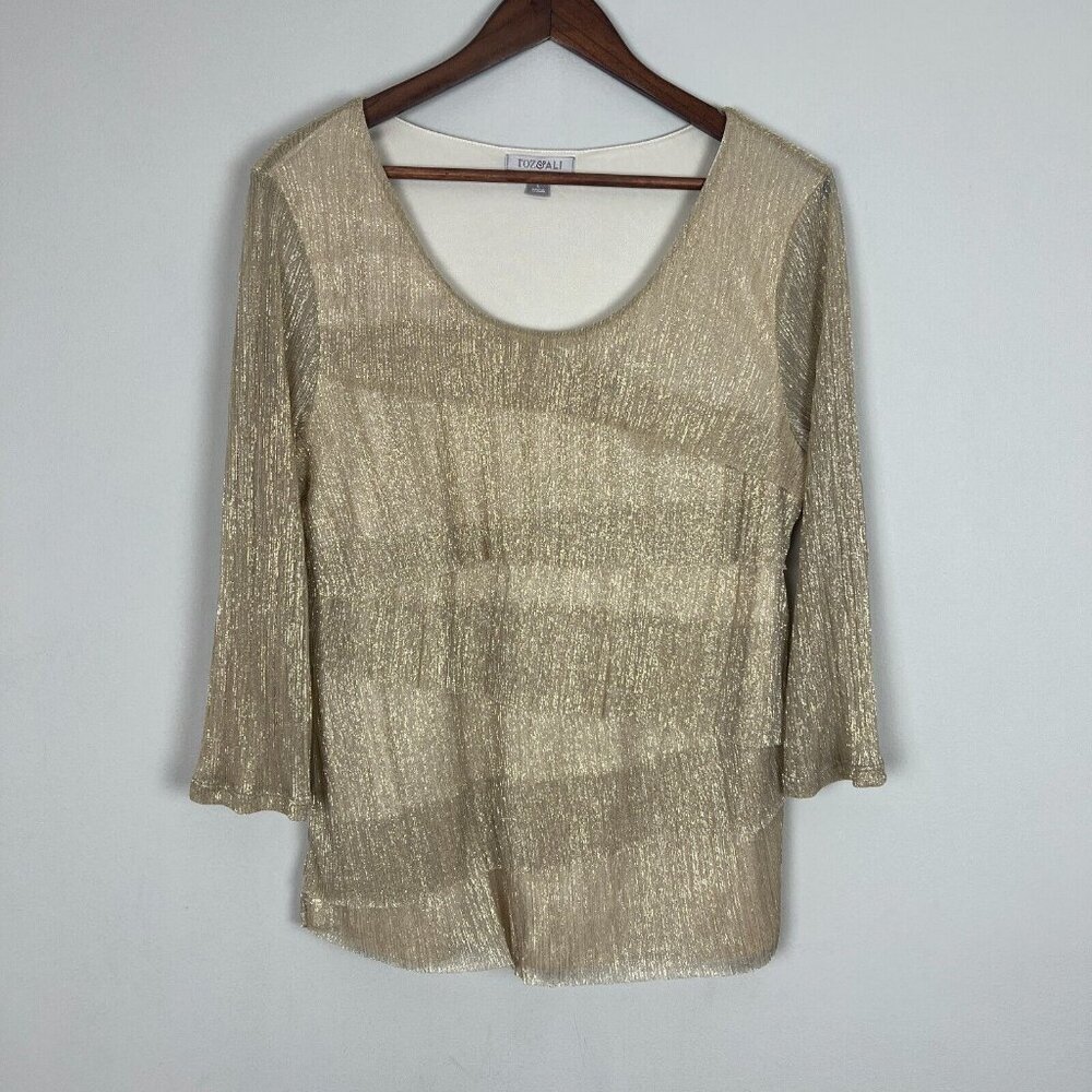 Roz & Ali Blouse Top Womens Large Gold Metallic Tiered Scoop Neck 3/4 Sleeve L